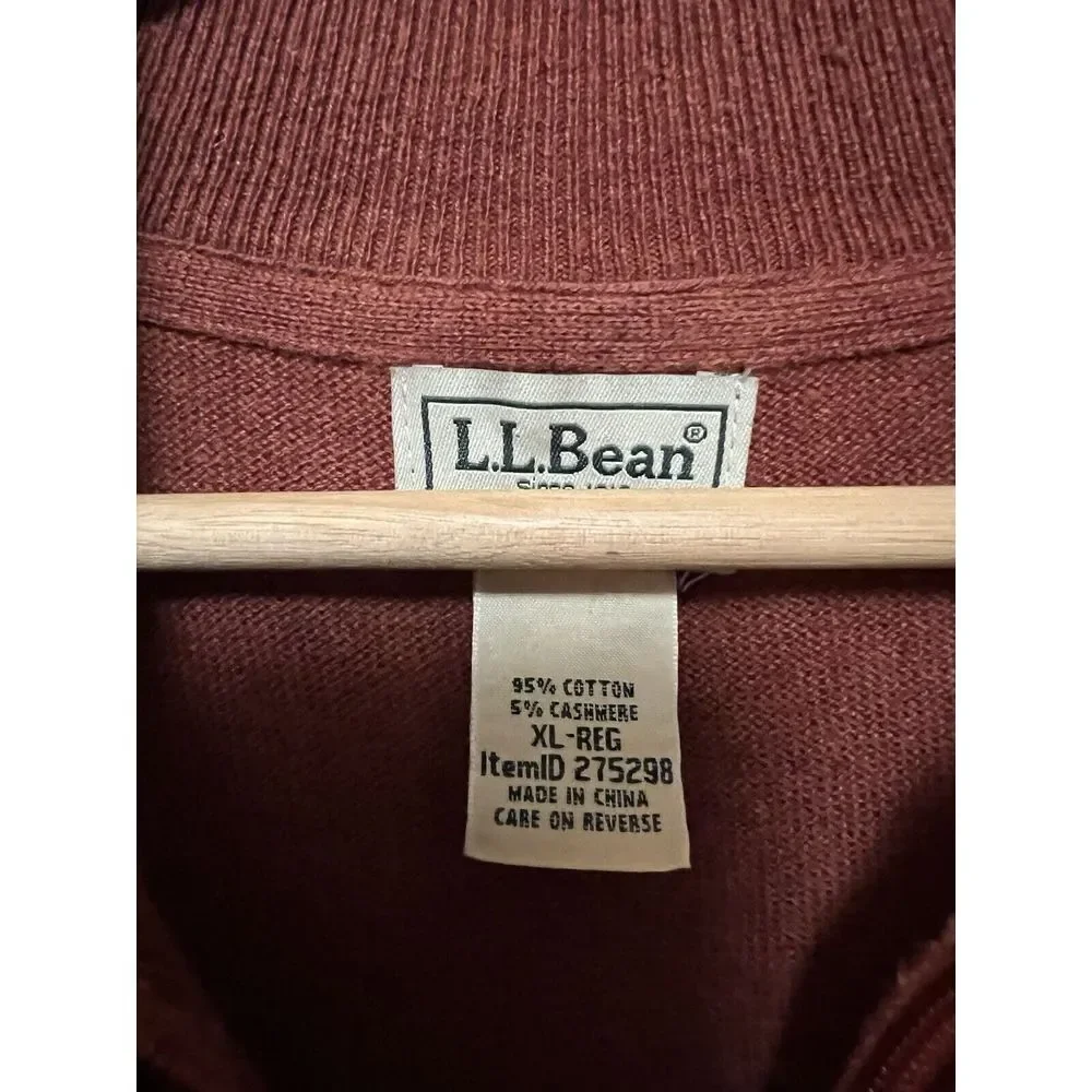 LL Bean Sweater Cashmere Cotton Blend Burnt Orange Pullover 1/4 Zip Mens Size XL